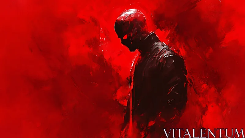 Silhouetted helmeted figure in red abstract digital field.