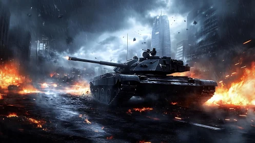 3D war machine in rain-soaked urban inferno composition.
