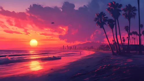 Sunset tide of neon dreams along a quiet palm coast.