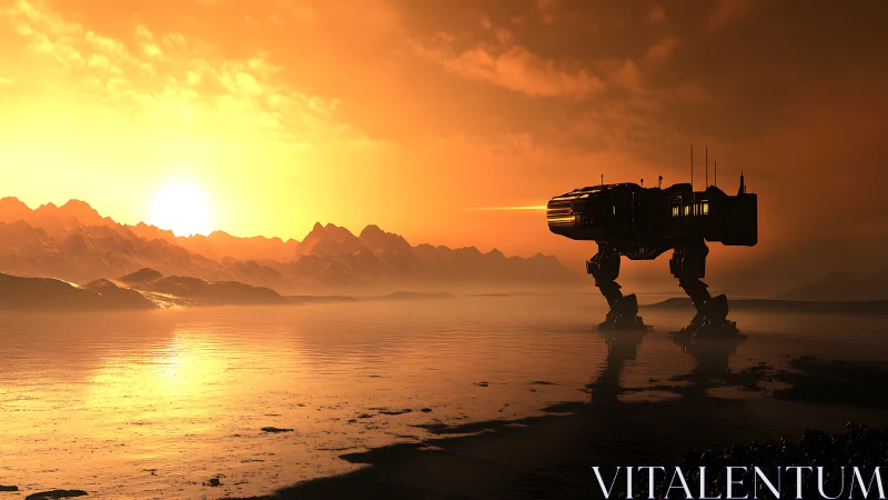 Bipedal mechanical vehicle on reflective lake at sunset.