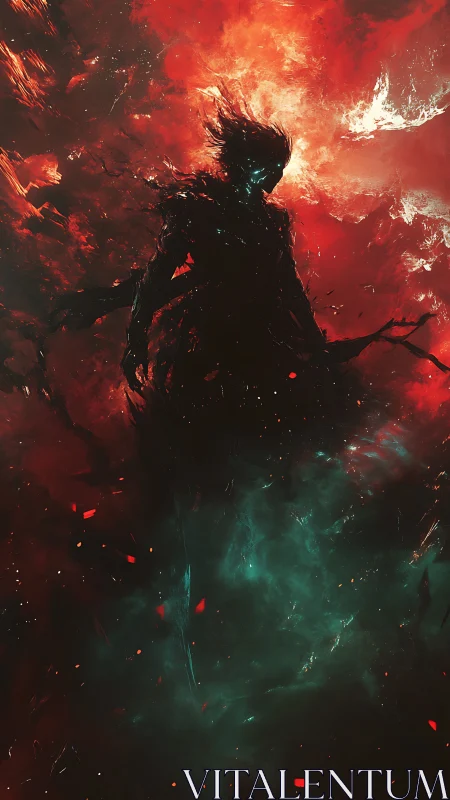 Silhouetted spectral warrior emerges through volatile nebular fire