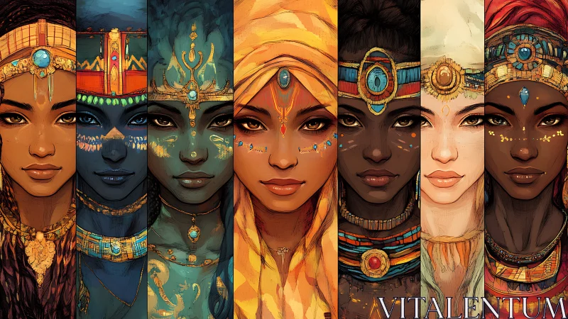 Diverse regal women in ornate headdresses, digital art portrait series.