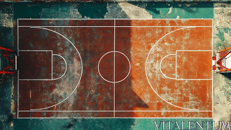 Weathered outdoor basketball court captured from overhead