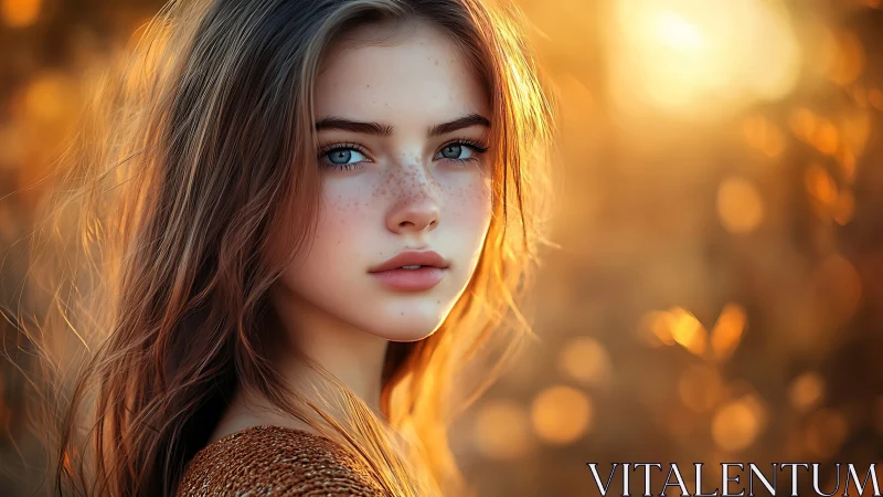 Freckled young woman gazes into warm golden sunset light