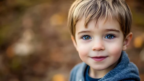 Young boy with striking blue eyes, warm earth tones background.