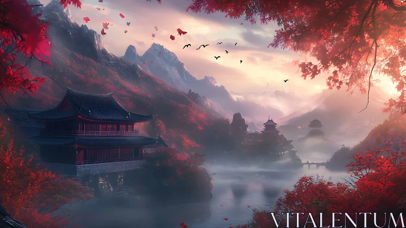 Crimson valley temples rise above misty river at sunrise