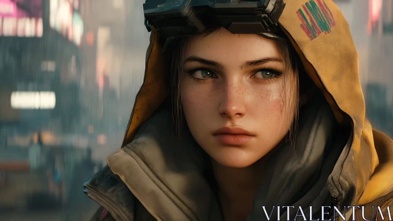 Cyberpunk street portrait with shallow depth and rain-soaked bokeh