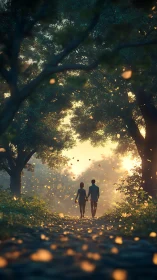 Luminescent pathway awakens two wanderers beneath ancient canopy.