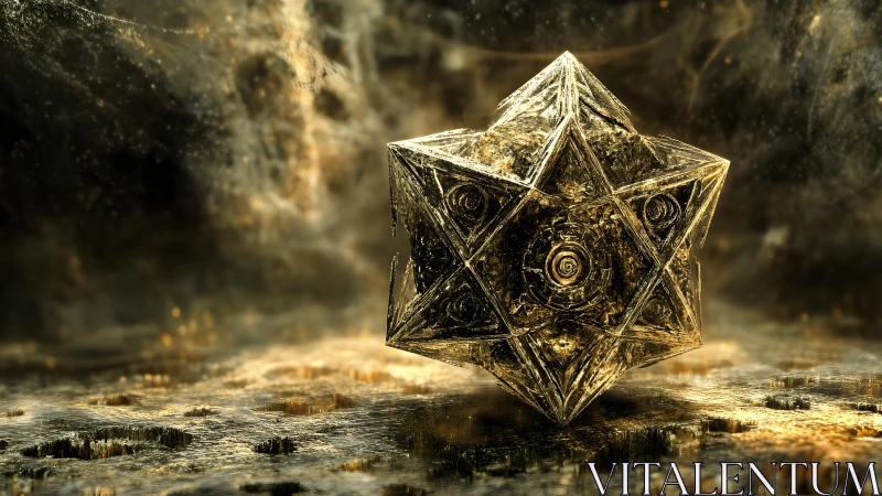Geometric crystalline polyhedron in metallic abstract space.