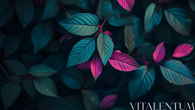 Neon teal and magenta leaves under moody low light.