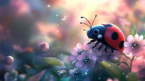 Gentle ladybug resting in dreamy pastel spring garden.