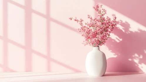Soft directional lighting defines white vase with pink florals
