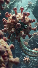 Mechanical virus hybrid in a dark microscopic tunnel scene.