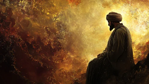 Solitary robed figure in profile against radiant molten sky