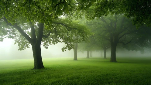 Misty parkland with evenly spaced mature green trees.