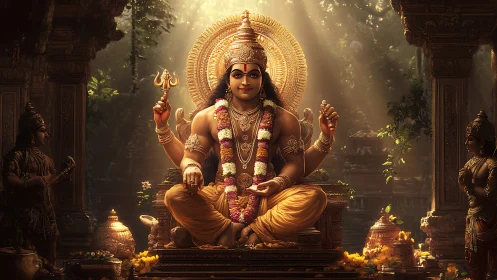 Radiant divine deity enthroned in sunlit temple sanctum.