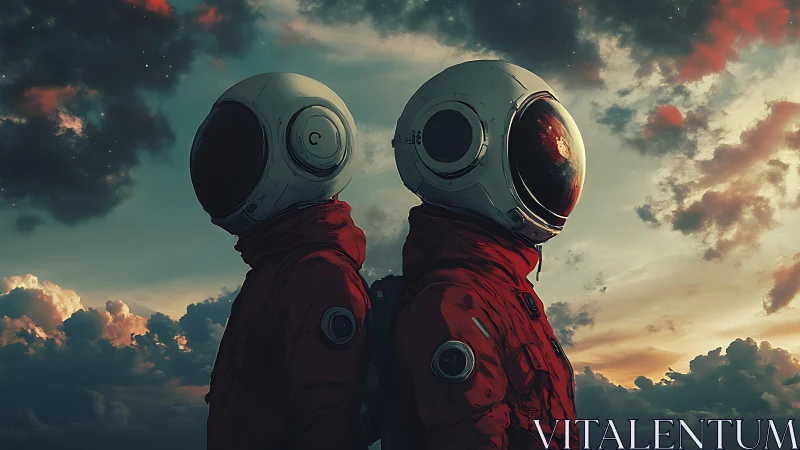 Two astronauts stand back to back under a dramatic sky