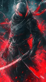 Hooded blade figure in red and black digital abstraction.