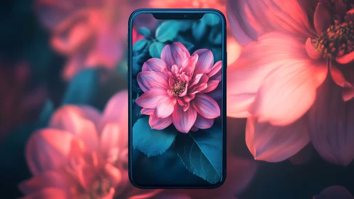 Smartphone displaying vibrant pink dahlia within chromatic floral environment.