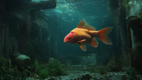 Goldfish suspended in submerged derelict interior space.