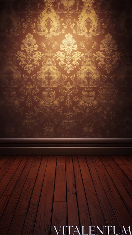 Vintage damask wall with polished wooden floorboards.