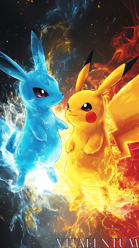 Two elemental cartoon creatures posed amid fire and ice