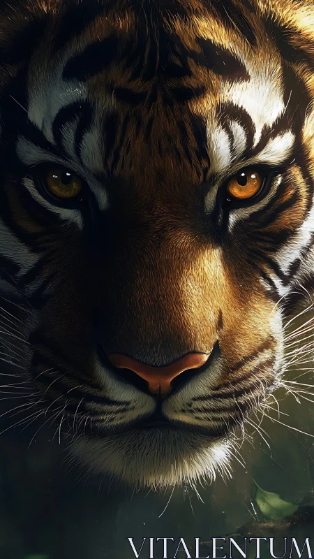 Tiger gaze in shadowed jungle light, ultra-detailed portrait.
