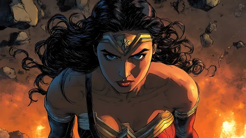 Dynamic comic-style heroine flying above fiery battleground.