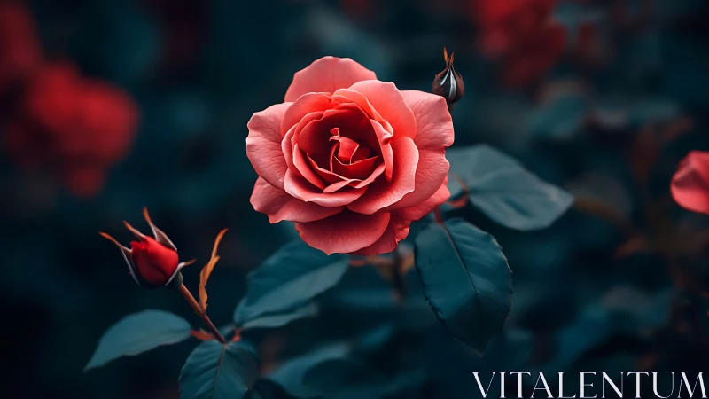 Enchanting Coral Rose Blooms Against Moody Teal Backdrop