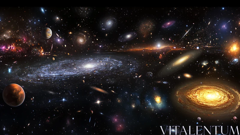 Galactic multiverse panorama with luminous spiral clusters.