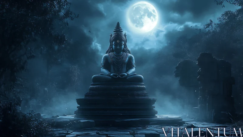 Stone deity statue sits under full moon in misty ruins