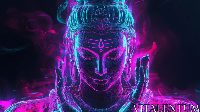 Neon spirit in quiet meditation wrapped in glowing color.