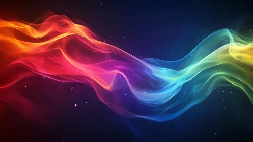Color spectrum light waves flow across dark starry background