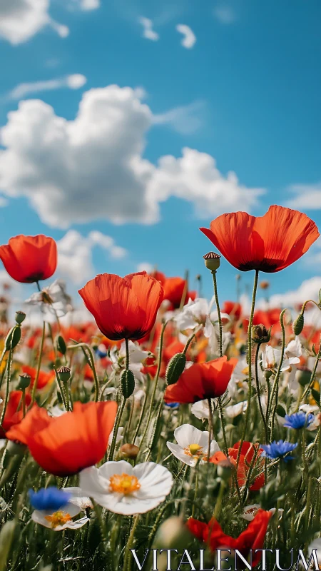 Vibrant Poppy Field Blooming Under Blue Sky.