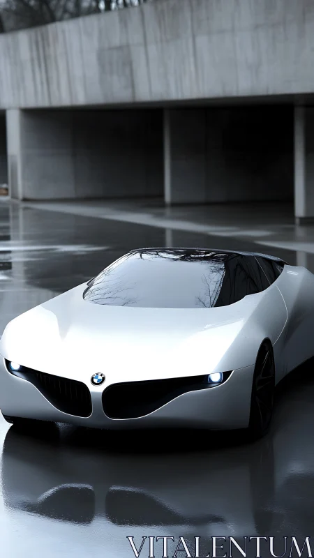 Futuristic white BMW concept car on reflective wet concrete.