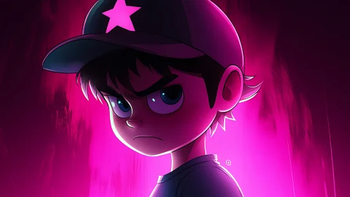 Cartoon boy in cap stares forward under intense pink lighting