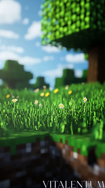 Blocky voxel meadow shows detailed grass and flowers