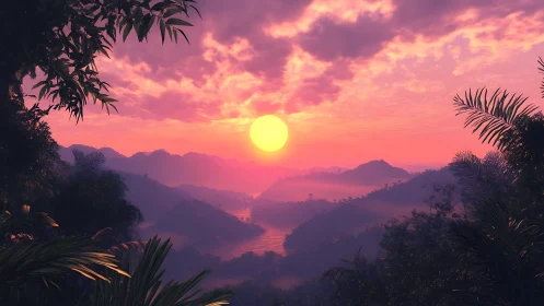 Sunset illuminates a tropical valley of misty rolling hills.