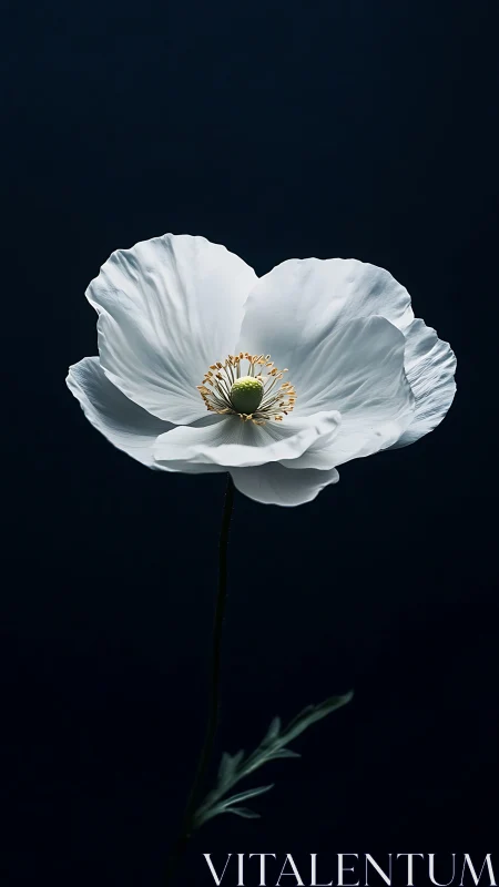 White Anemone Bloom Against Midnight Backdrop. Peaceful.