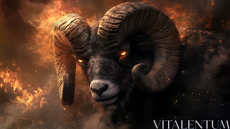 Infernal ram portrait with ember eyes in blazing firestorm