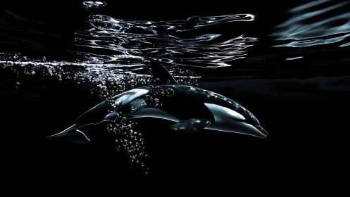 High contrast 3D render of orca under reflective water surface