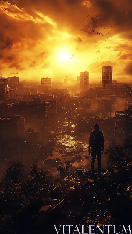 Figure surveys ruined cityscape under dense orange sky