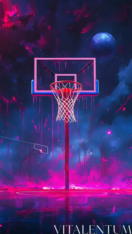 Neon-lit basketball hoop under cosmic night sky glow