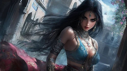 Mystical warrior steps forward with wind-tossed hair and fire