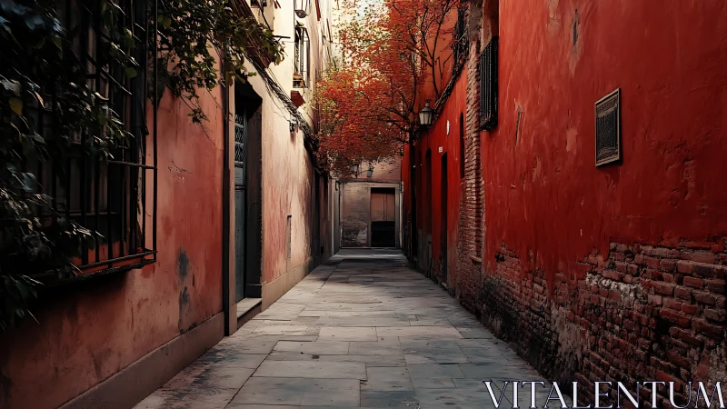 Narrow red alleyway glows under autumn canopy light.