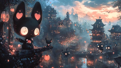 Chibi spirit guardians above lantern-lit misty pagoda cityscape.
