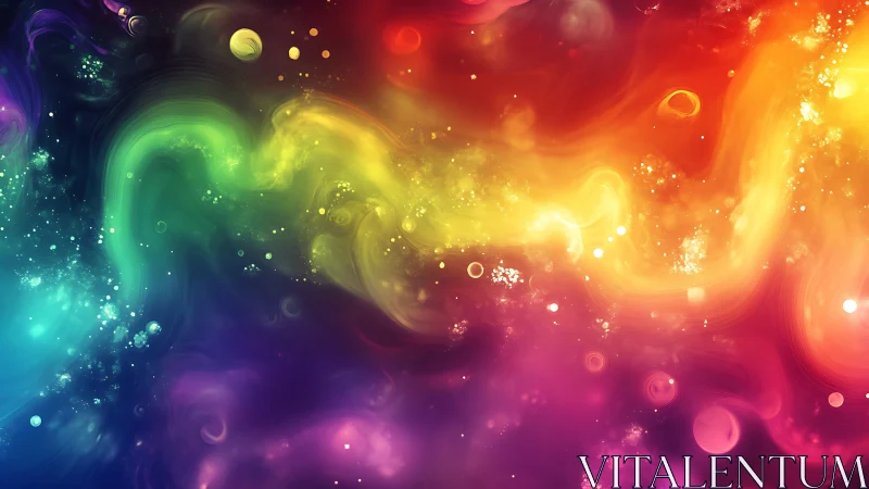 Vibrant nebula swirl with glowing rainbow cosmic trail.
