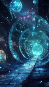 Celestial corridor leading into a luminous cosmic portal.