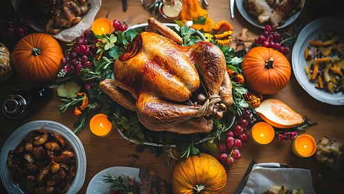 Roasted whole turkey centered on rustic autumn harvest dinner table