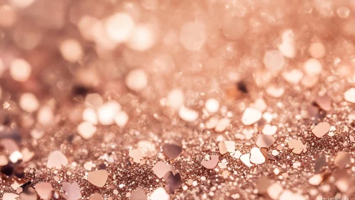 Macro bokeh study of rose-gold glitter hearts on soft ground.
